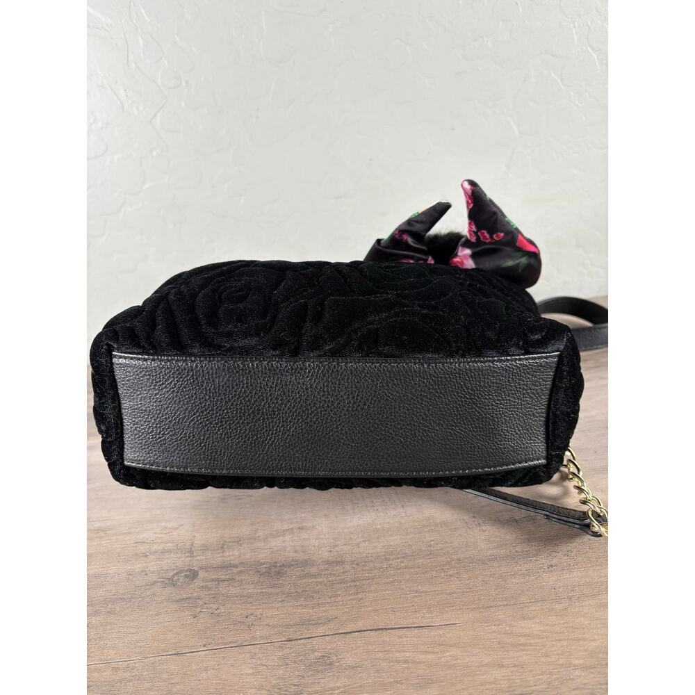 Betsey Johnson Black Velvet Crossbody Satchel with Floral Bow - Picture 7 of 7